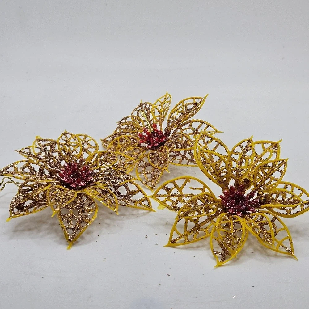 Vintage Set of 3 Glitter Poinsettia Christmas Ornaments Gold Floral 3